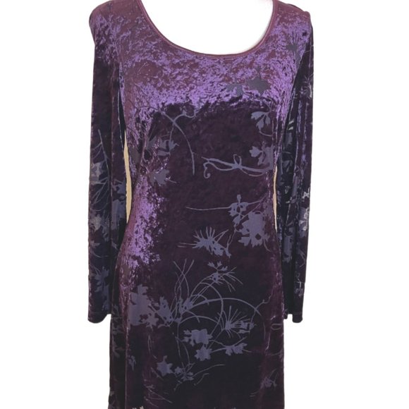 CDC Purple/Plum Velvet/Flocked Damask Floral Long Sleeve Dress Size 4 - Picture 3 of 15